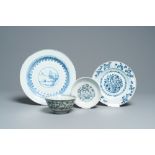 Three various Chinese blue and white plates and a bowl with floral design, Ming and later