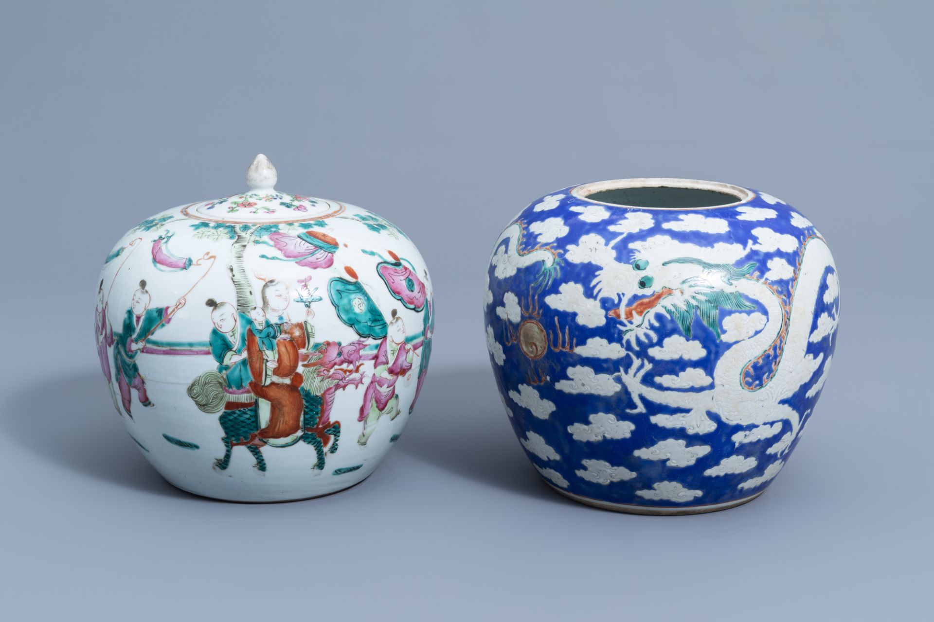 A Chinese famille rose jar and cover with figurative design and a blue ground 'dragon' jar, 19th C. - Image 5 of 9