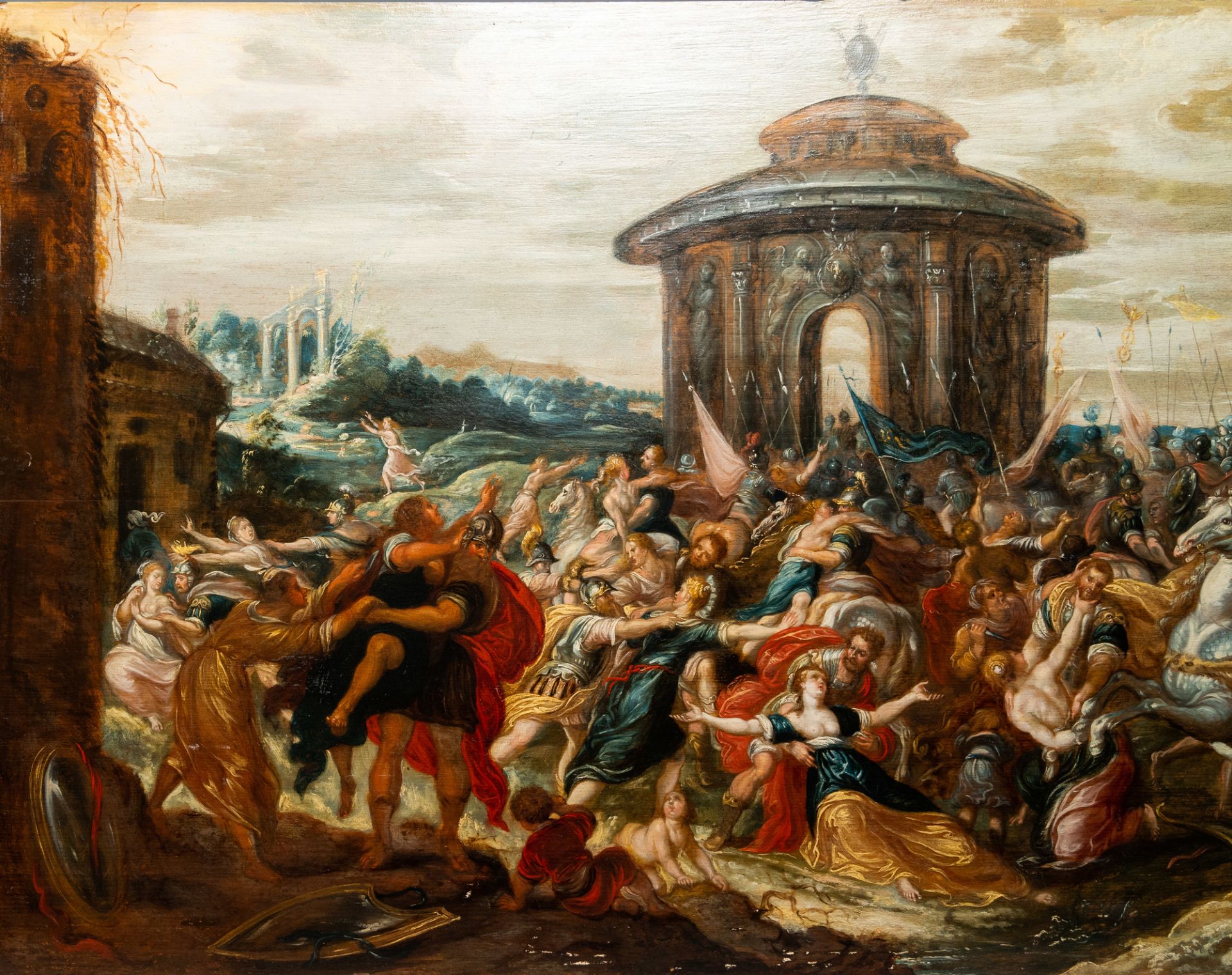 Flemish school: The rape of the Sabine women, oil on panel, 17th C. - Image 4 of 6