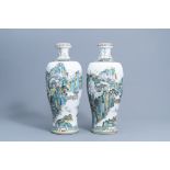 A pair of Chinese famille verte meiping vases with an animated landscape all around, 20th C.