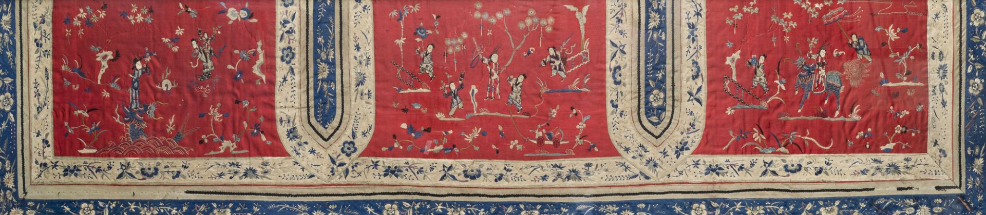 A Chinese framed embroidered altar cloth with playing children and floral design, 19th C. - Image 3 of 6