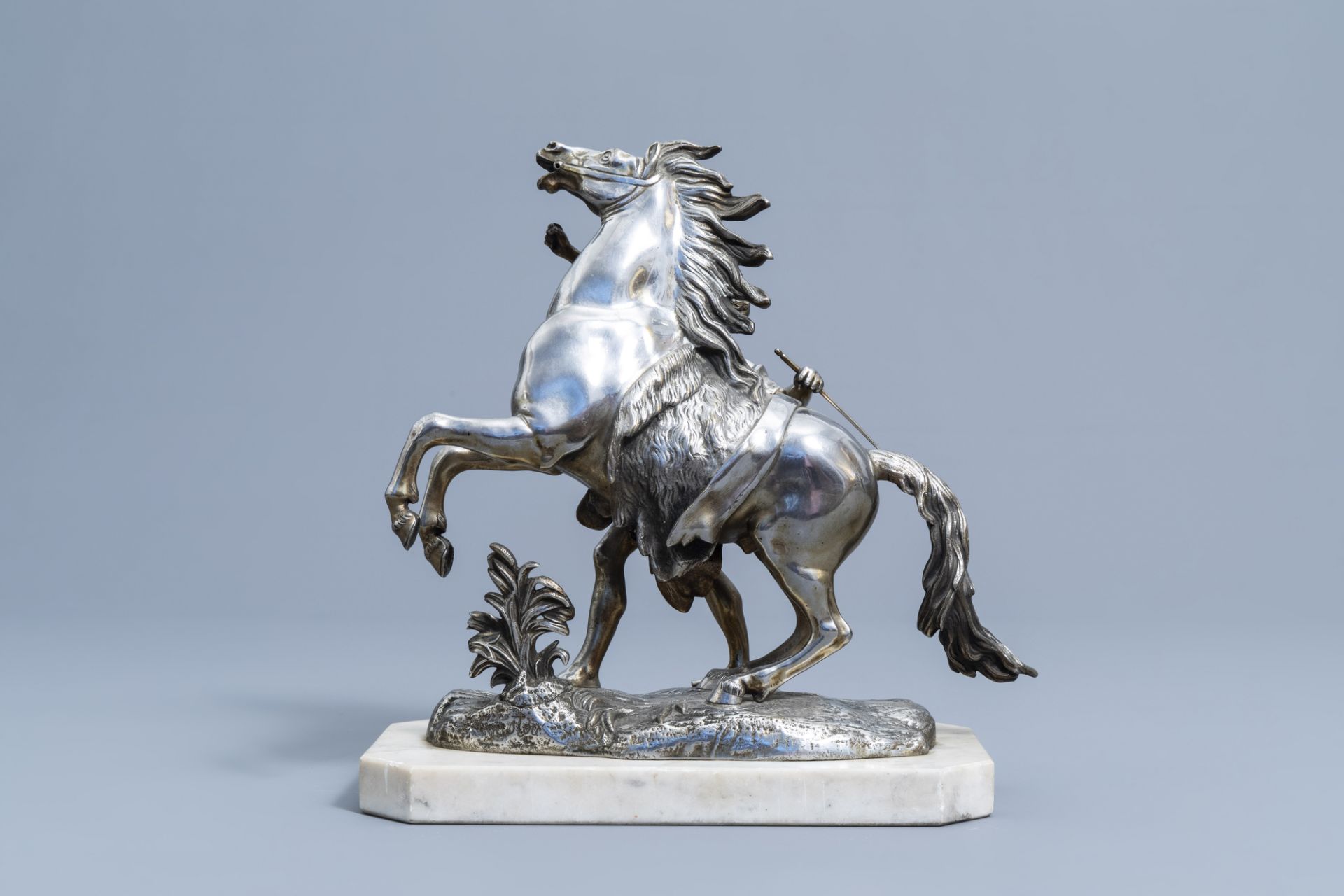 French school, after Guillaume Coustou the Elder (1677-1746): A Marly horse, silver plated bronze on - Image 5 of 9