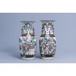 Two Chinese Nanking crackle glazed famille rose vases with warrior scenes, 19th/20th C.