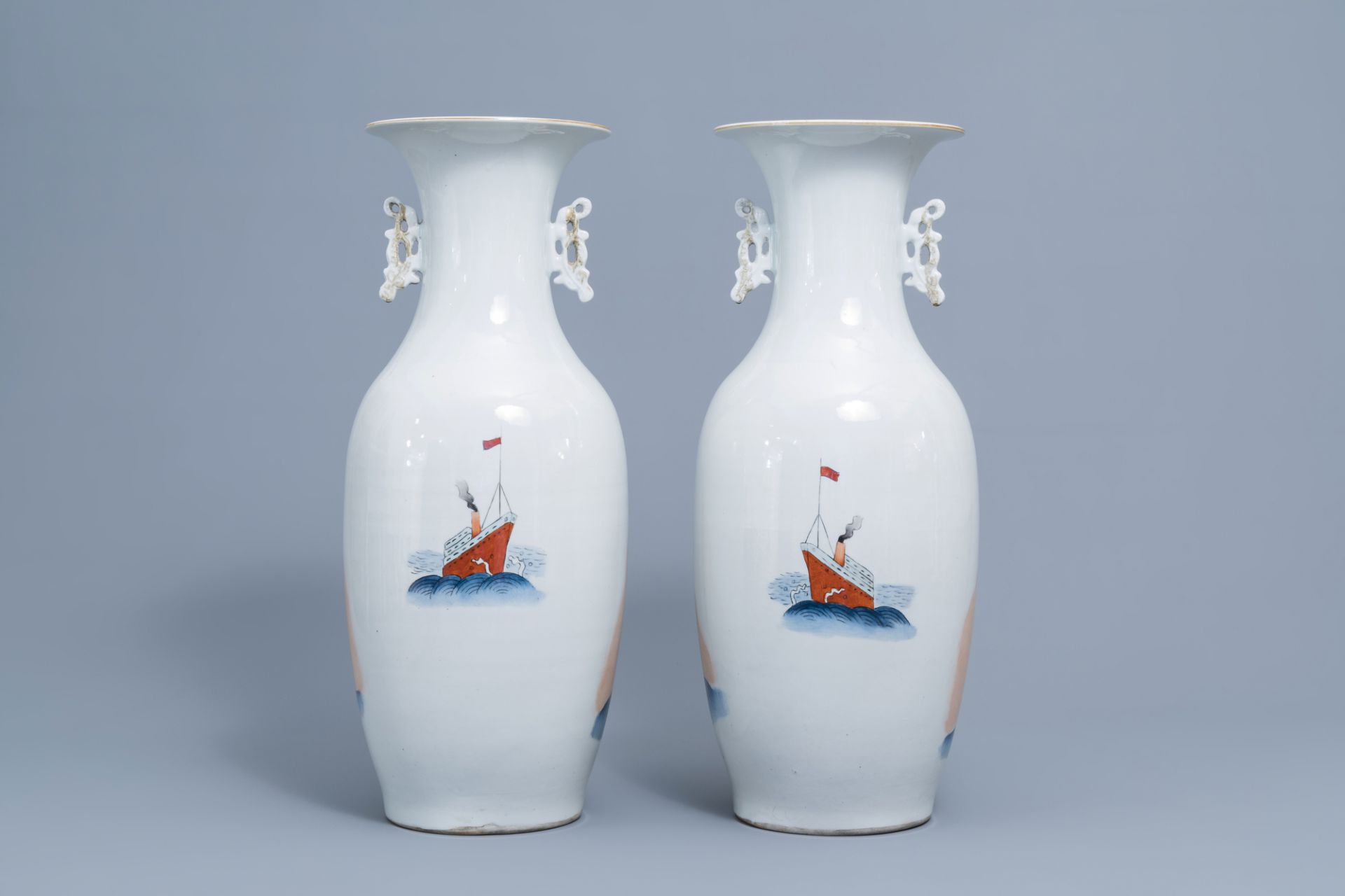 A pair of Chinese polychrome vases with a boat, 20th C. - Image 3 of 6