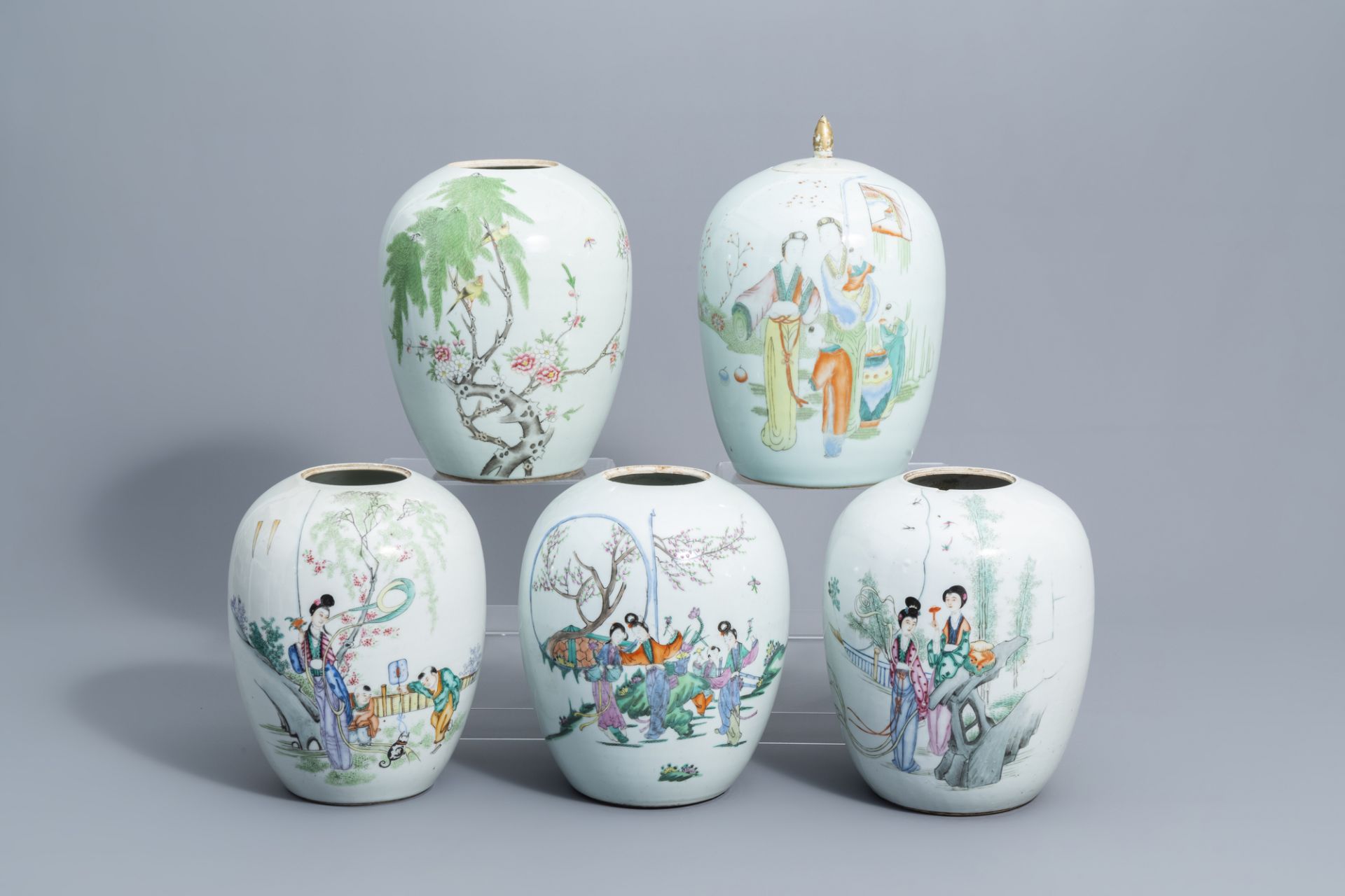 Five various Chinese famille rose and qianjiang cai ginger jars, 19th/20th C.