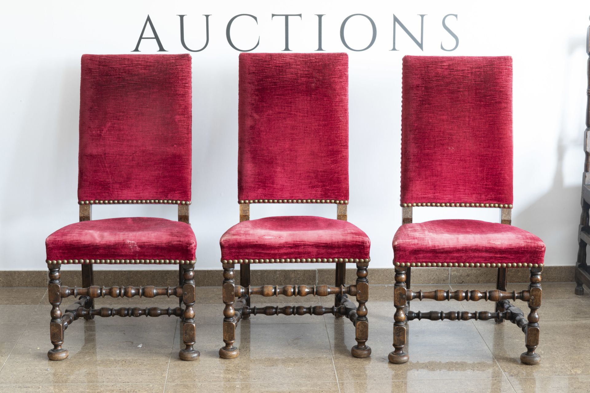 Six Dutch wooden chairs with red velvet upholstery, mainly 19th C. - Image 2 of 13