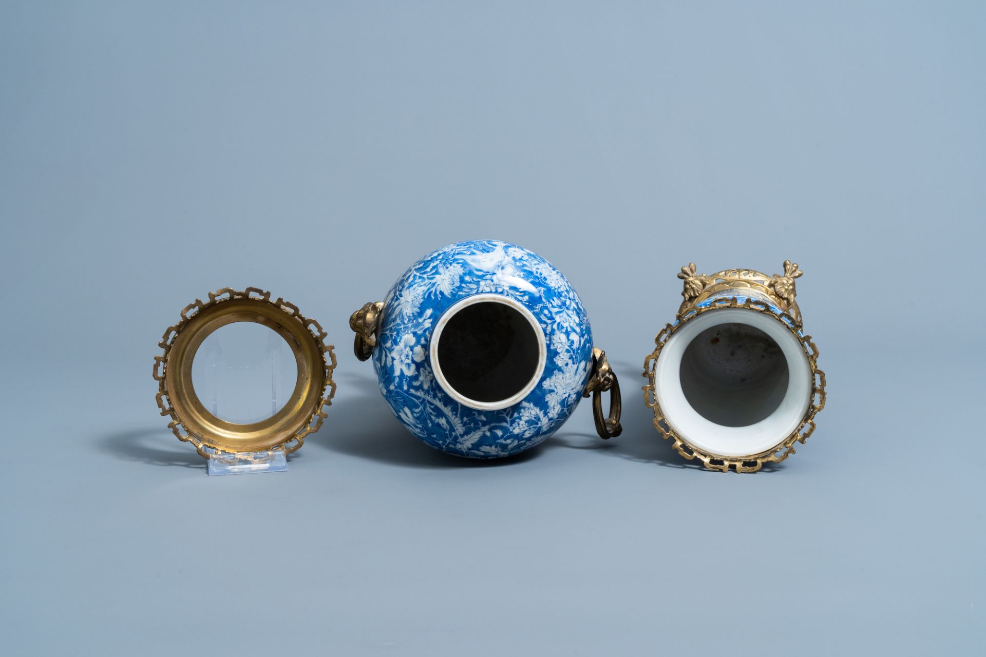 Two Japanese blue and white gilt brass mounted Arita vases, Meiji/Taisho, 20th C. - Image 6 of 7