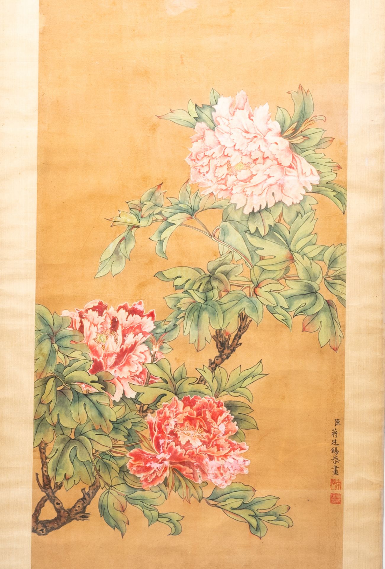 Chinese school, after Jiang Tingxi (1669-1732), ink and colours on paper: Peonies