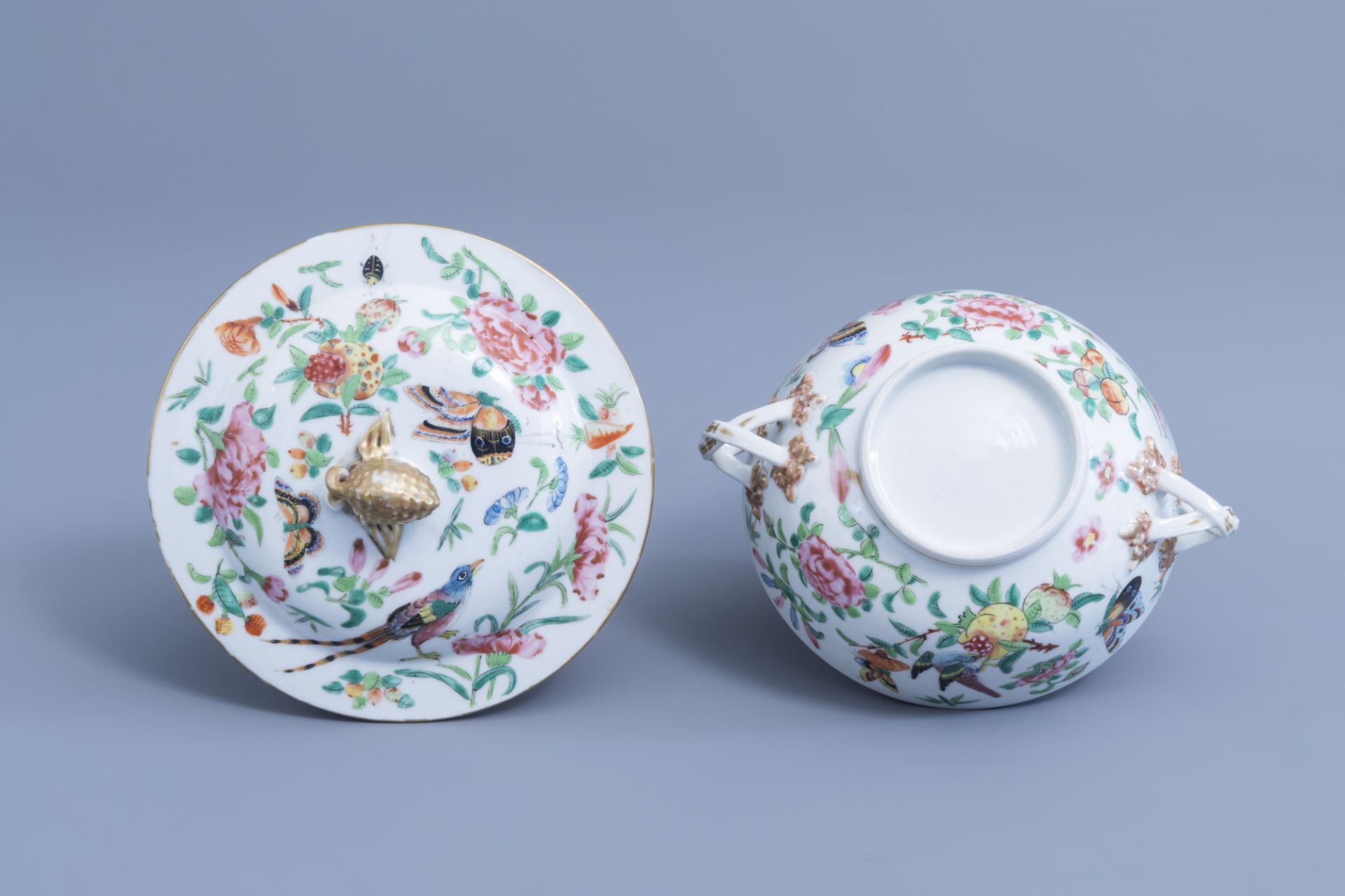 A Chinese Canton famille rose bowl and cover and a dish with birds, butterflies and insects among bl - Image 9 of 9