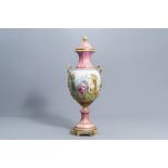 A large French 'Rose Pompadour' Sevres style vase and cover with gallant scenes, 20th C.