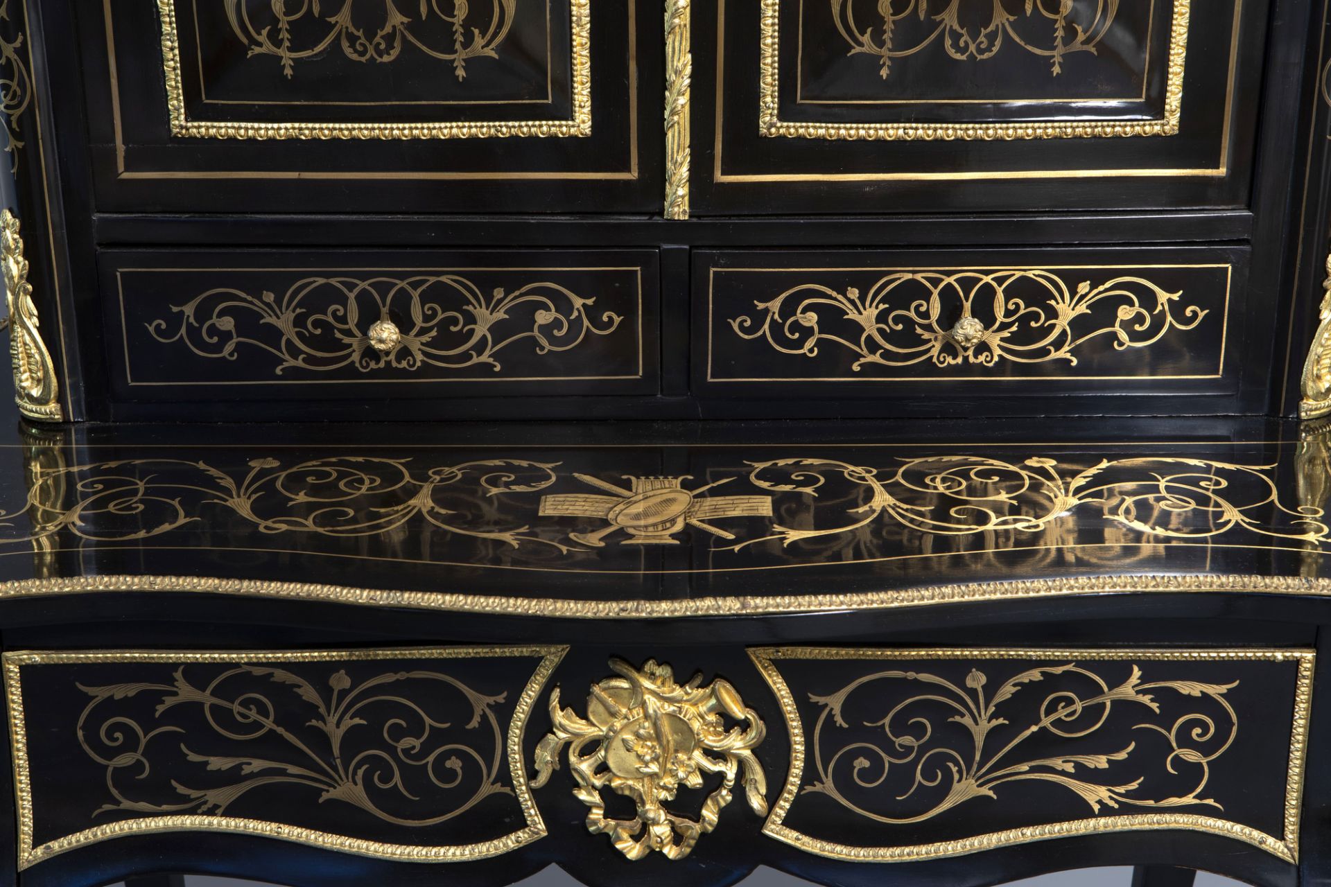 A French ebonised wooden brass inlaid and gilt bronze mounted bonheur du jour, Napoleon III, 19th/20 - Image 14 of 23