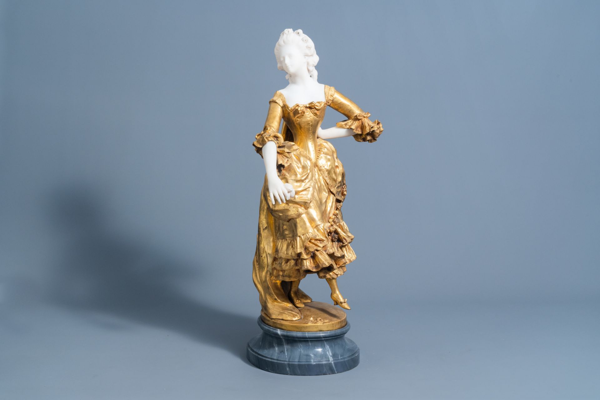 Affortunato Gory (act. 1895/1925): A dancing lady with a flower in her hand, marble and gilt bronze,