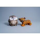 A tiger and an owl in polychrome glazed terracotta, Vandeweghe for Perignem, second half of the 20th