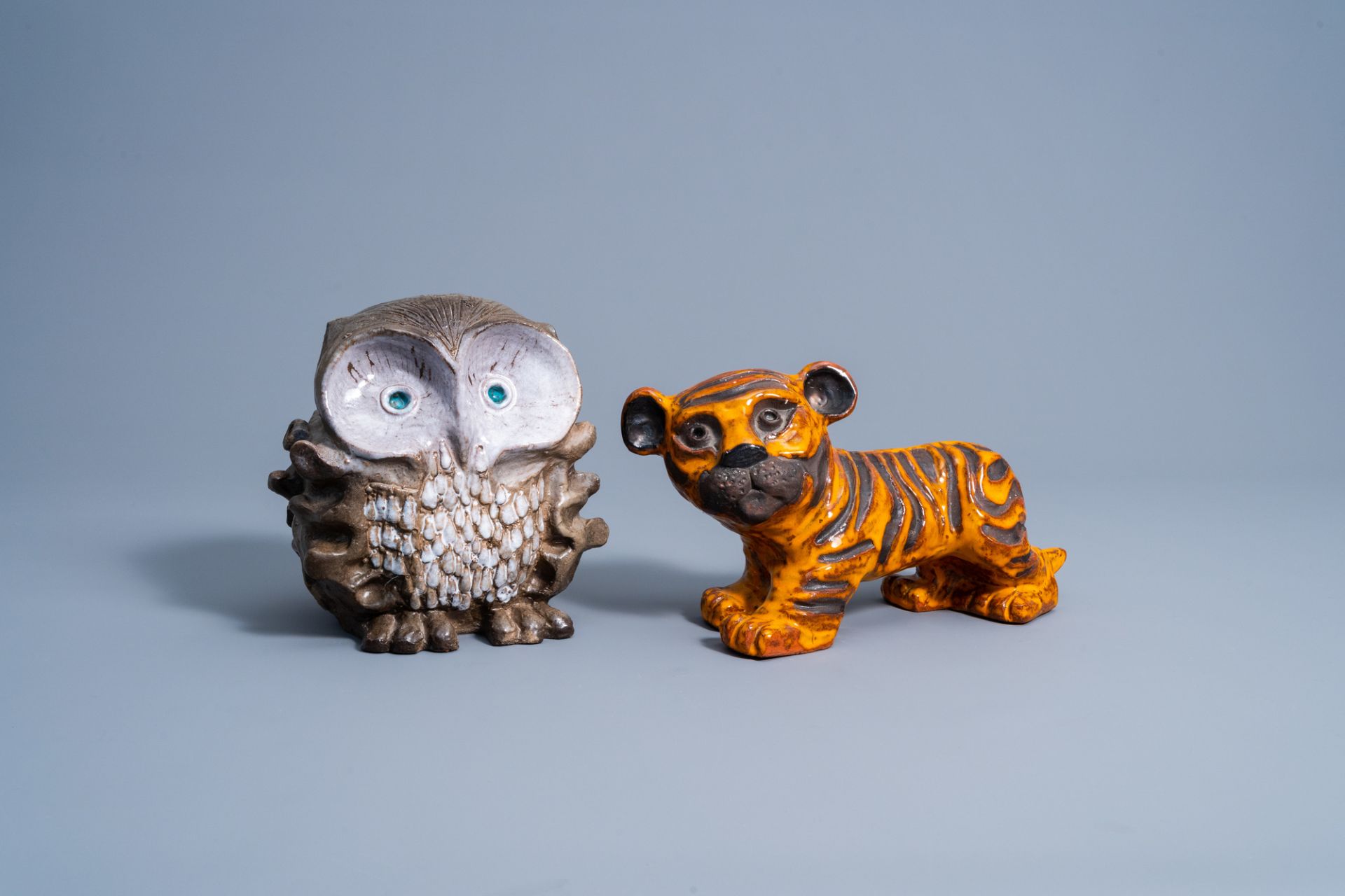 A tiger and an owl in polychrome glazed terracotta, Vandeweghe for Perignem, second half of the 20th