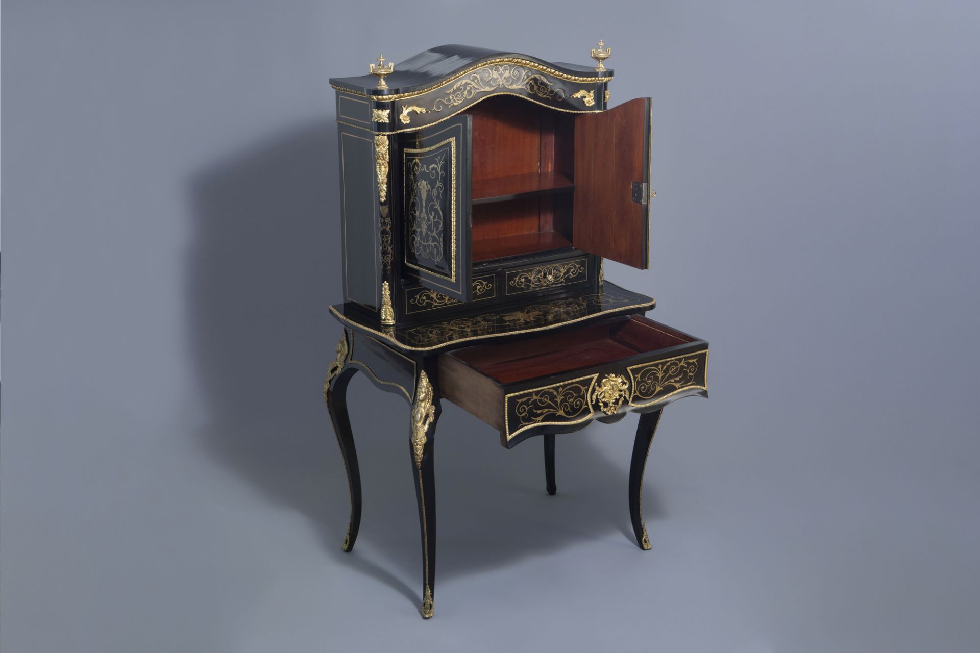 A French ebonised wooden brass inlaid and gilt bronze mounted bonheur du jour, Napoleon III, 19th/20 - Image 3 of 23