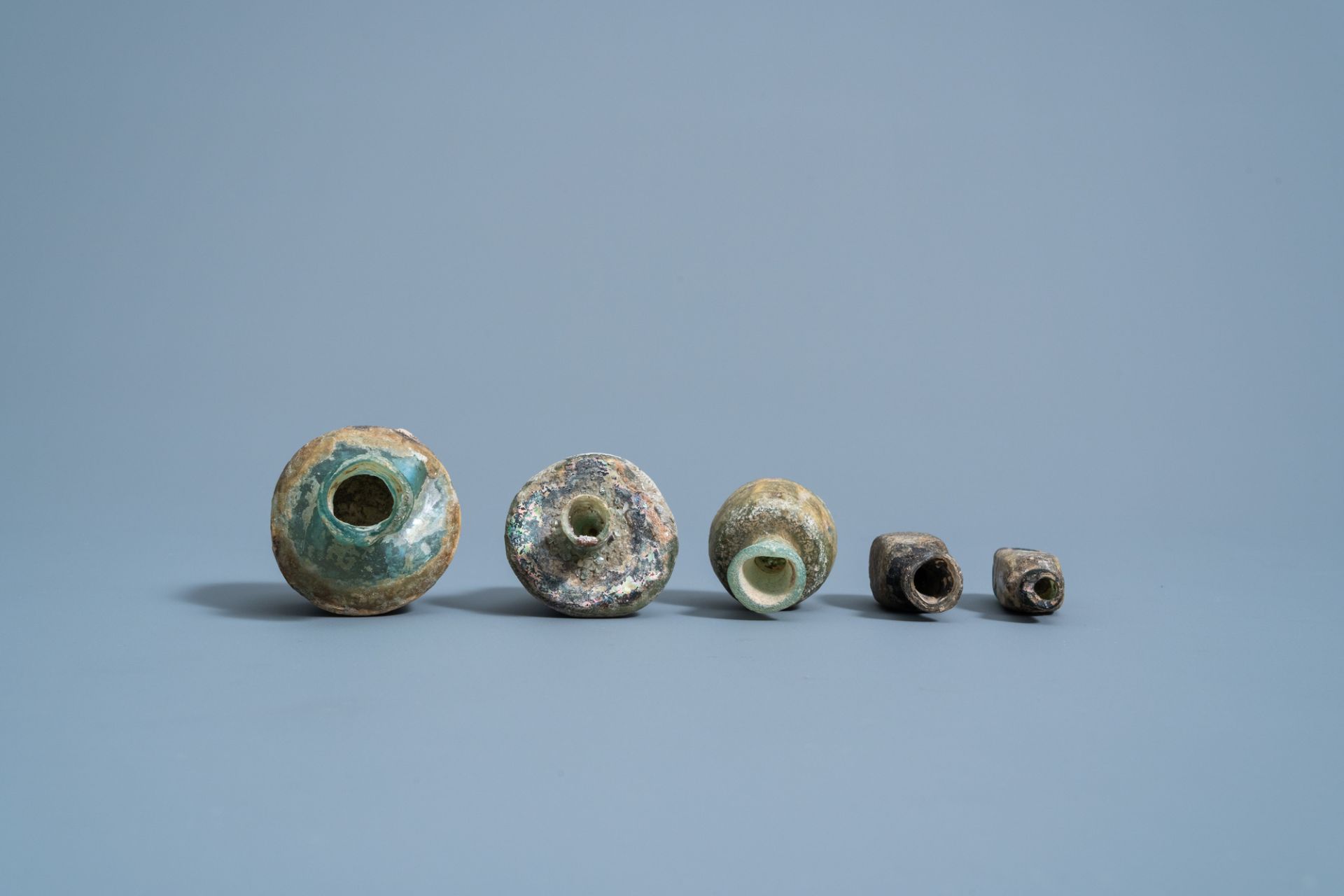 Five various soda glass bottles, jars and flasks, Roman period - Image 4 of 5