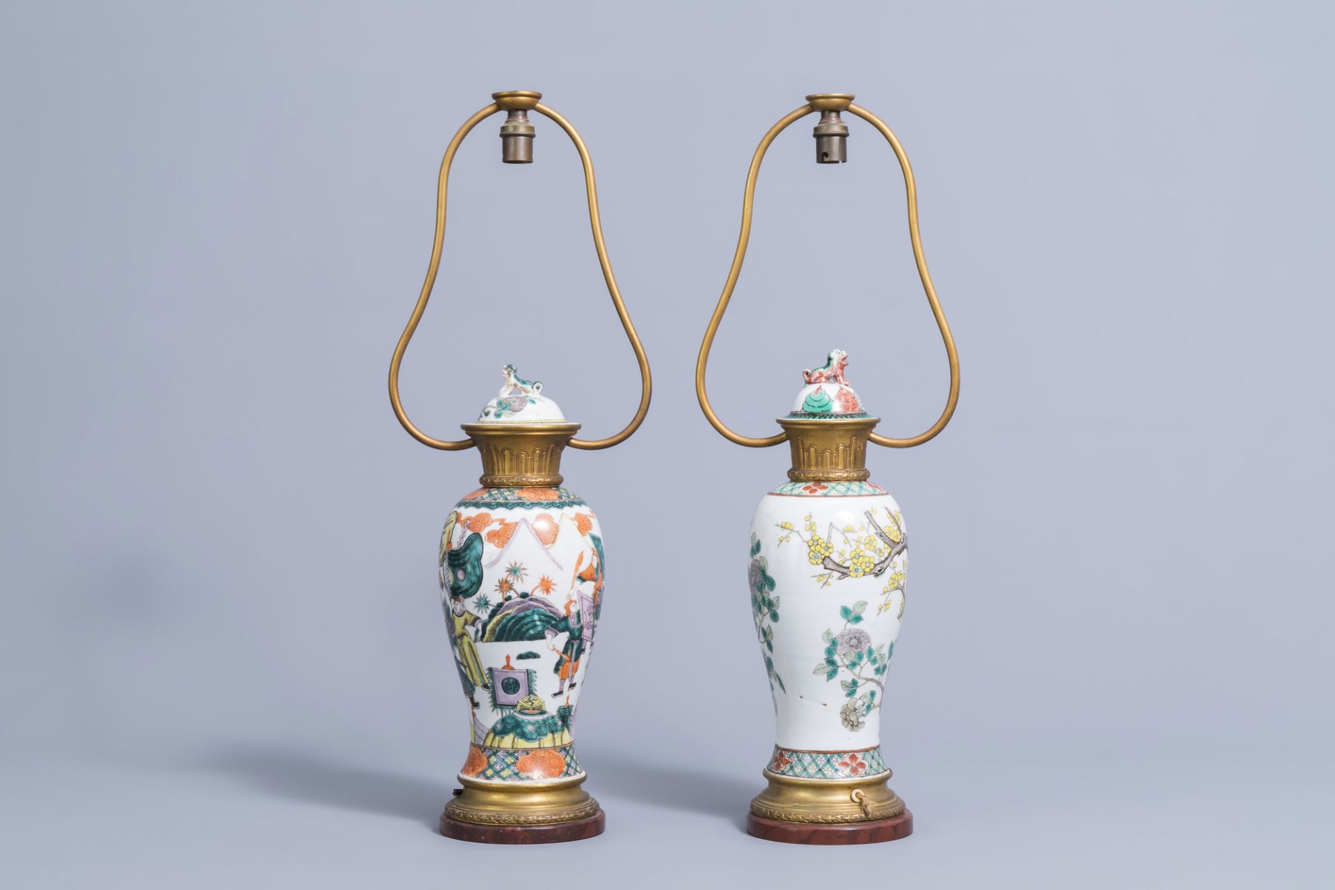 Two various Chinese famille verte and famille rose vases and covers mounted as lamps, 19th C. - Image 3 of 6