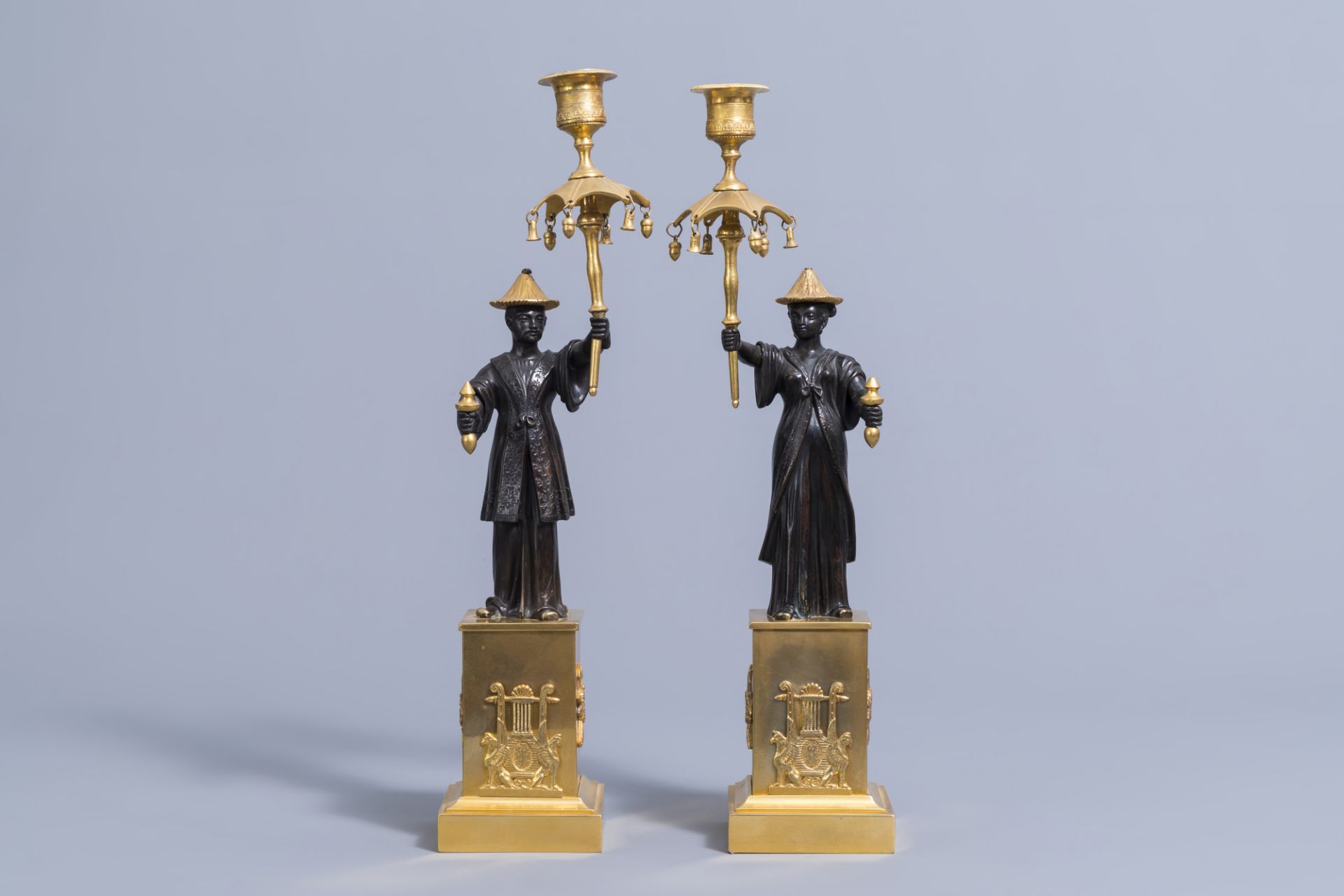 An extraordinary pair of French Empire style patinated bronze and ormolu chinoiserie candelabra, ear - Image 2 of 7