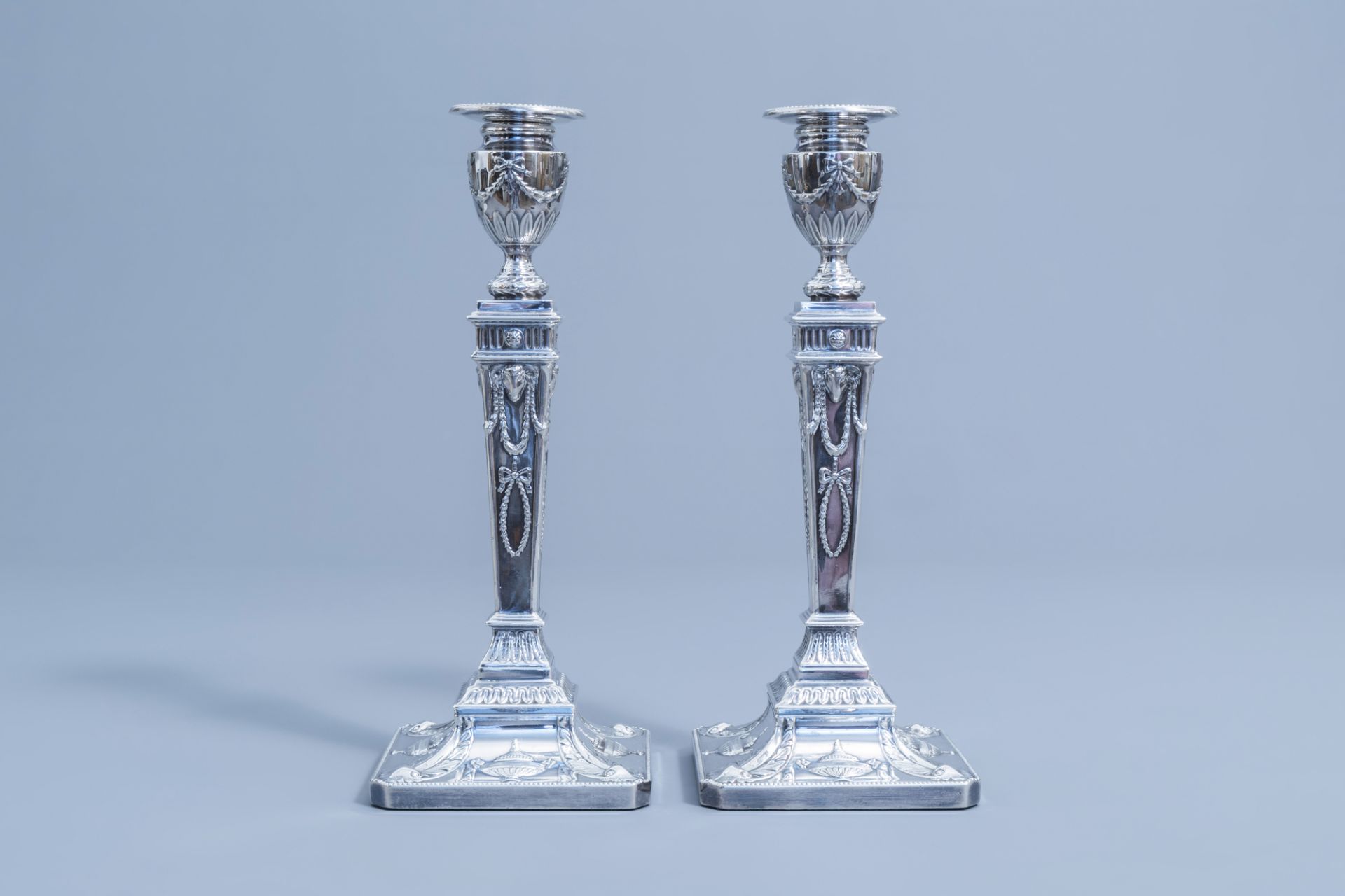 A pair of Victorian silver plated candlesticks in the style of Robert Adam, James Pinder & Co, Sheff - Image 5 of 8