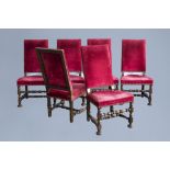 Six Dutch wooden chairs with red velvet upholstery, mainly 19th C.