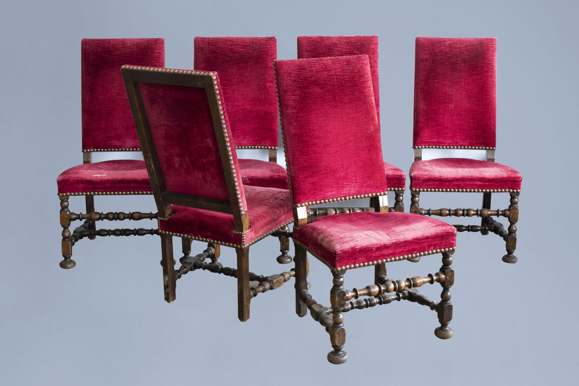 Six Dutch wooden chairs with red velvet upholstery, mainly 19th C.