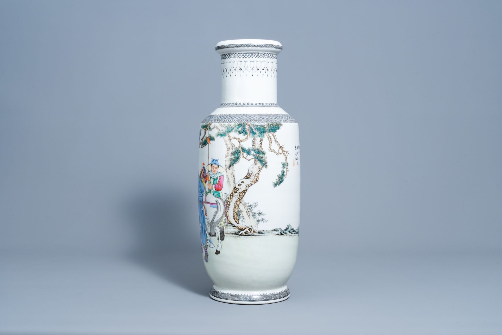 A Chinese famille rose vase with figures in a landscape, Qianlong mark, Republic, 20th C. - Image 3 of 7