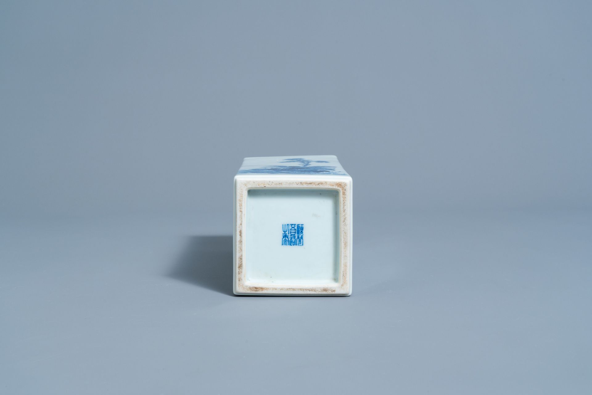 A square Chinese blue and white brush pot with floral design, marked, 20th C. - Image 7 of 7