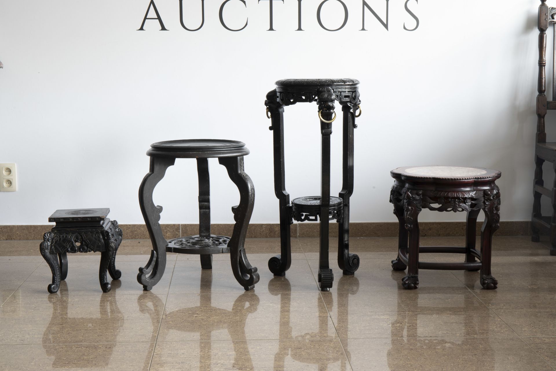 Four Chinese wood stands, one with a marble top, 20th C. - Image 3 of 7