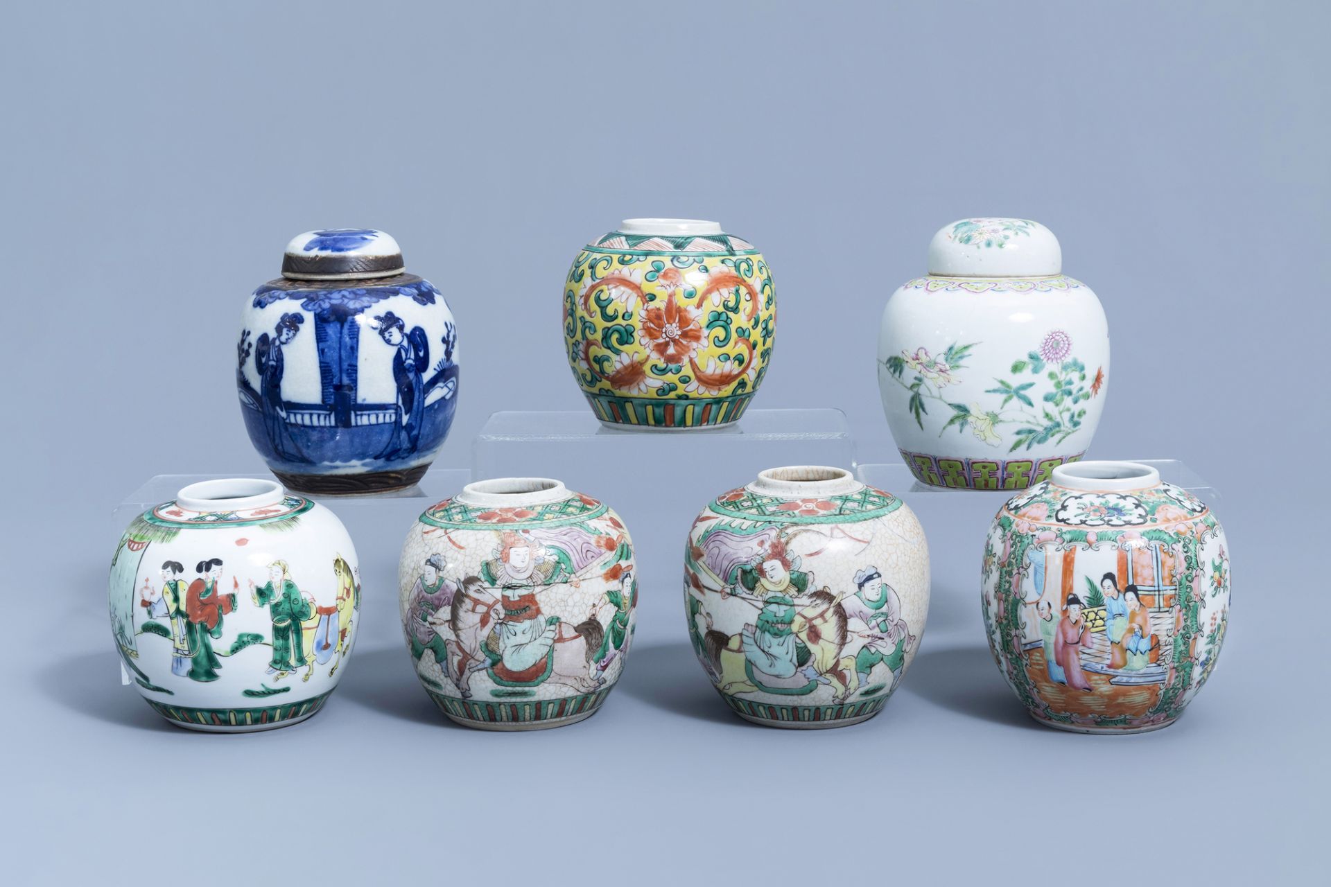 Seven various Chinese famille rose, famille verte, blue and white jars, 19th/20th C.