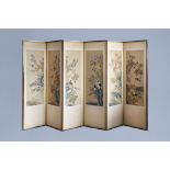A Chinese six-fold painted silk room divider with birds on blossoming branches, 20th C.