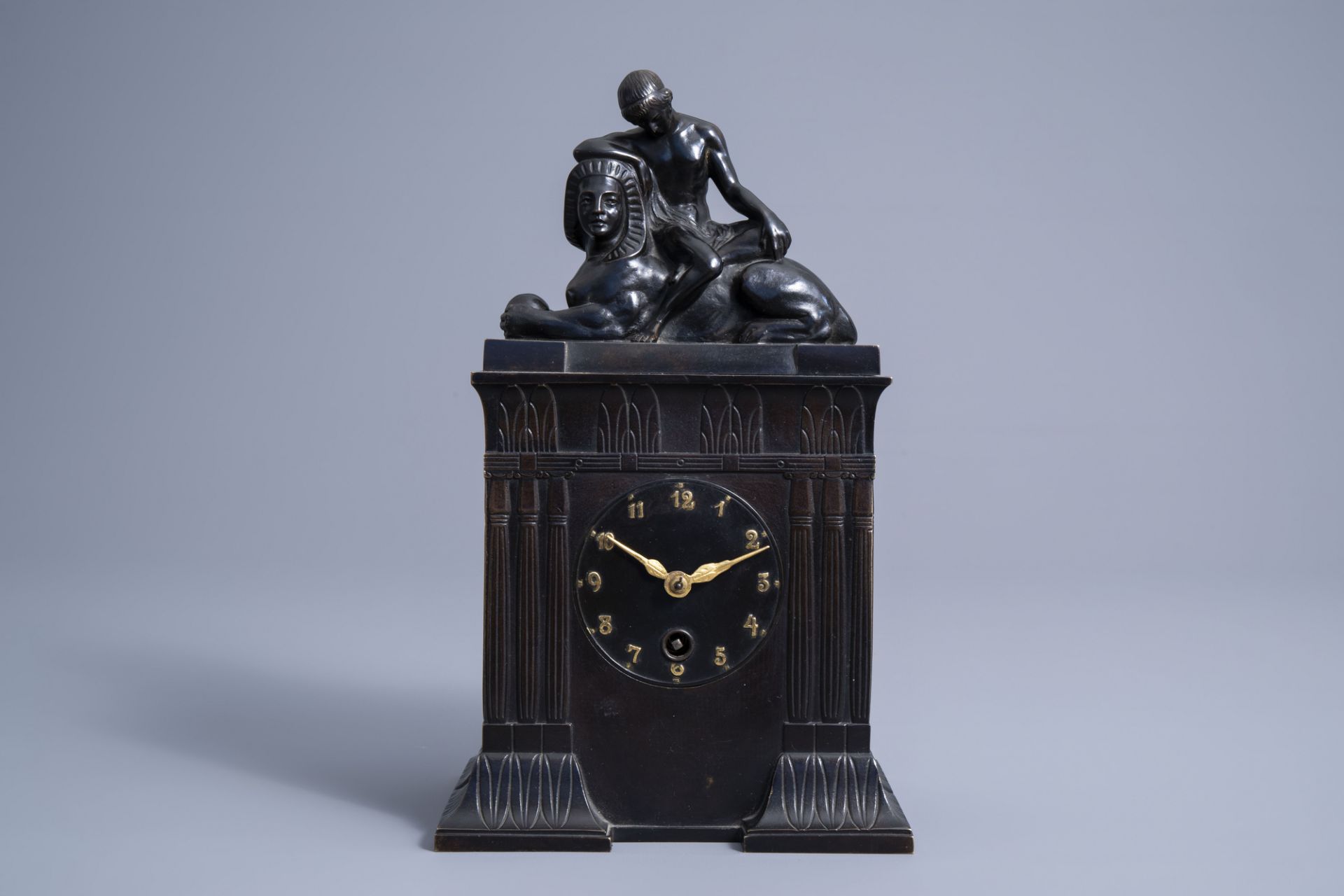 A rare German gilt and patinated bronze Lenzkirch Egyptian revival mantel clock, first quarter of th