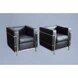 After Le Corbusier (1887-1965): Two LC2 style black leather armchairs, 20th C.