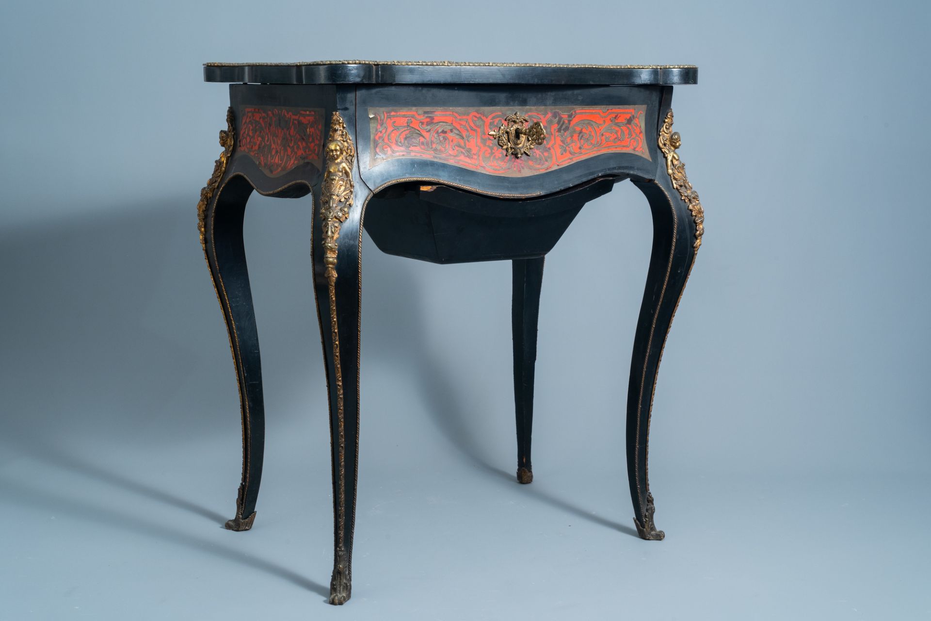 A French Historicism gilt mounted and brass marquetry sewing table, L. Grade F. - R(ue) Castex 9, 19 - Image 2 of 13