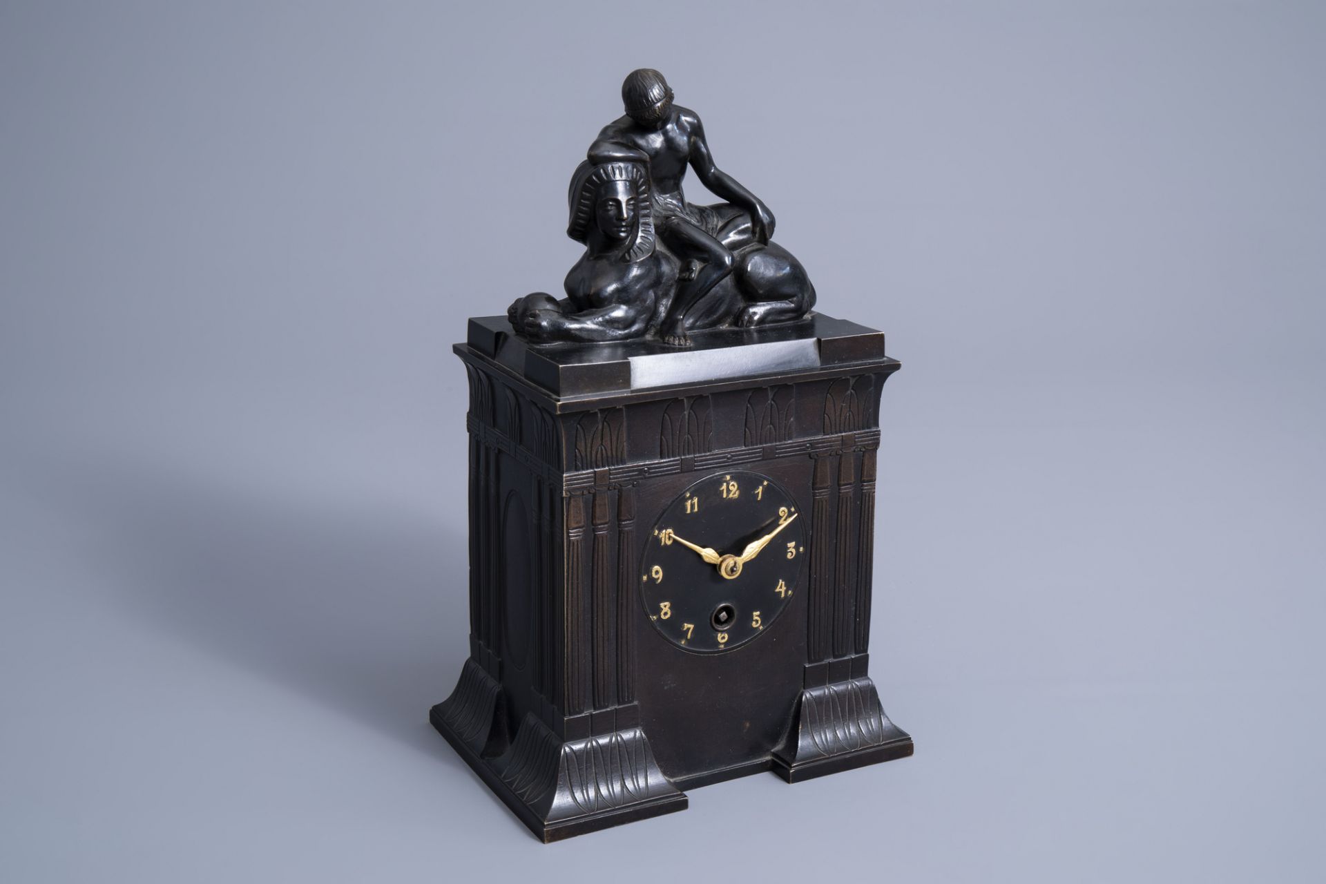 A rare German gilt and patinated bronze Lenzkirch Egyptian revival mantel clock, first quarter of th - Image 2 of 14