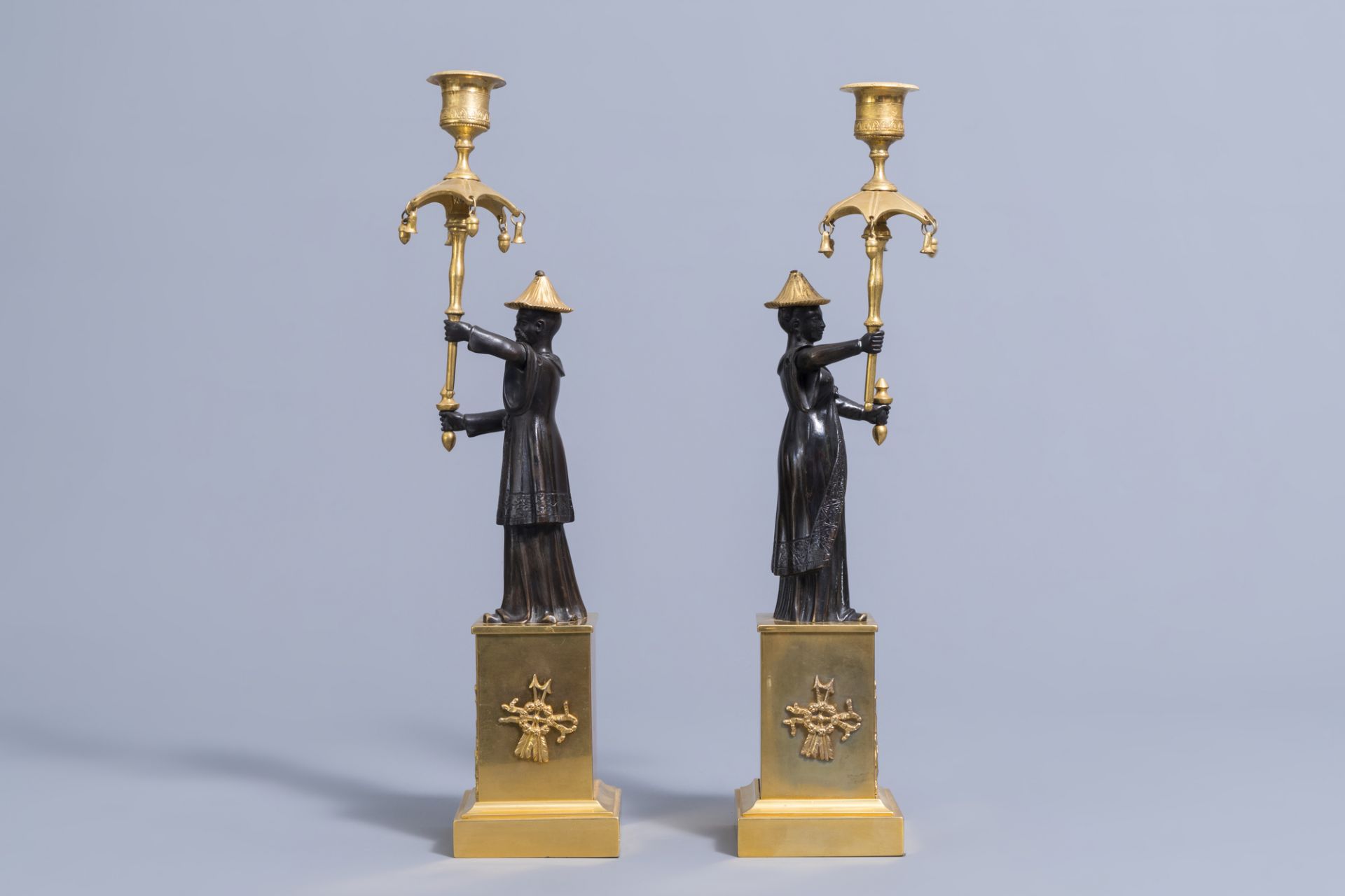 An extraordinary pair of French Empire style patinated bronze and ormolu chinoiserie candelabra, ear - Image 5 of 7