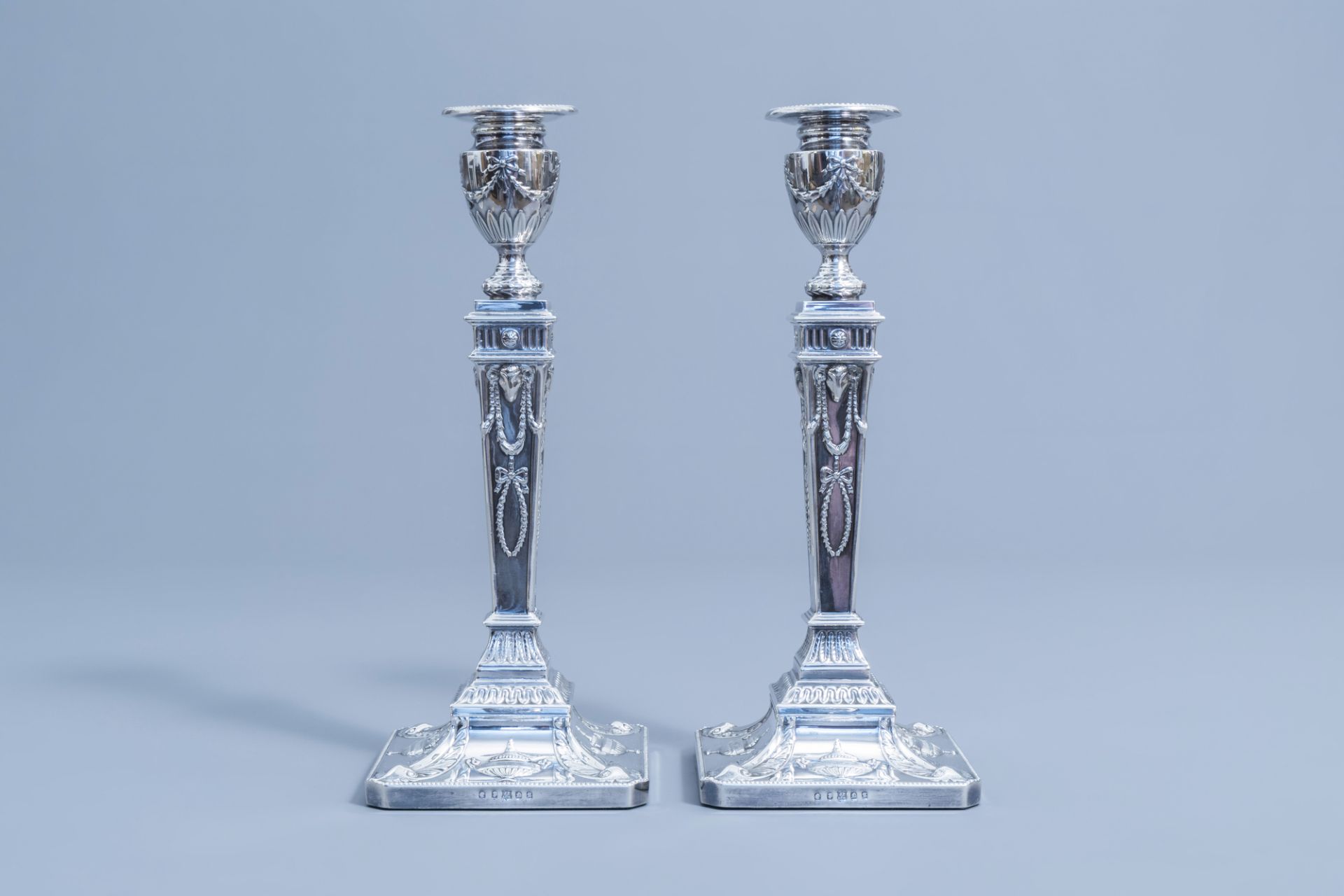 A pair of Victorian silver plated candlesticks in the style of Robert Adam, James Pinder & Co, Sheff - Image 4 of 8