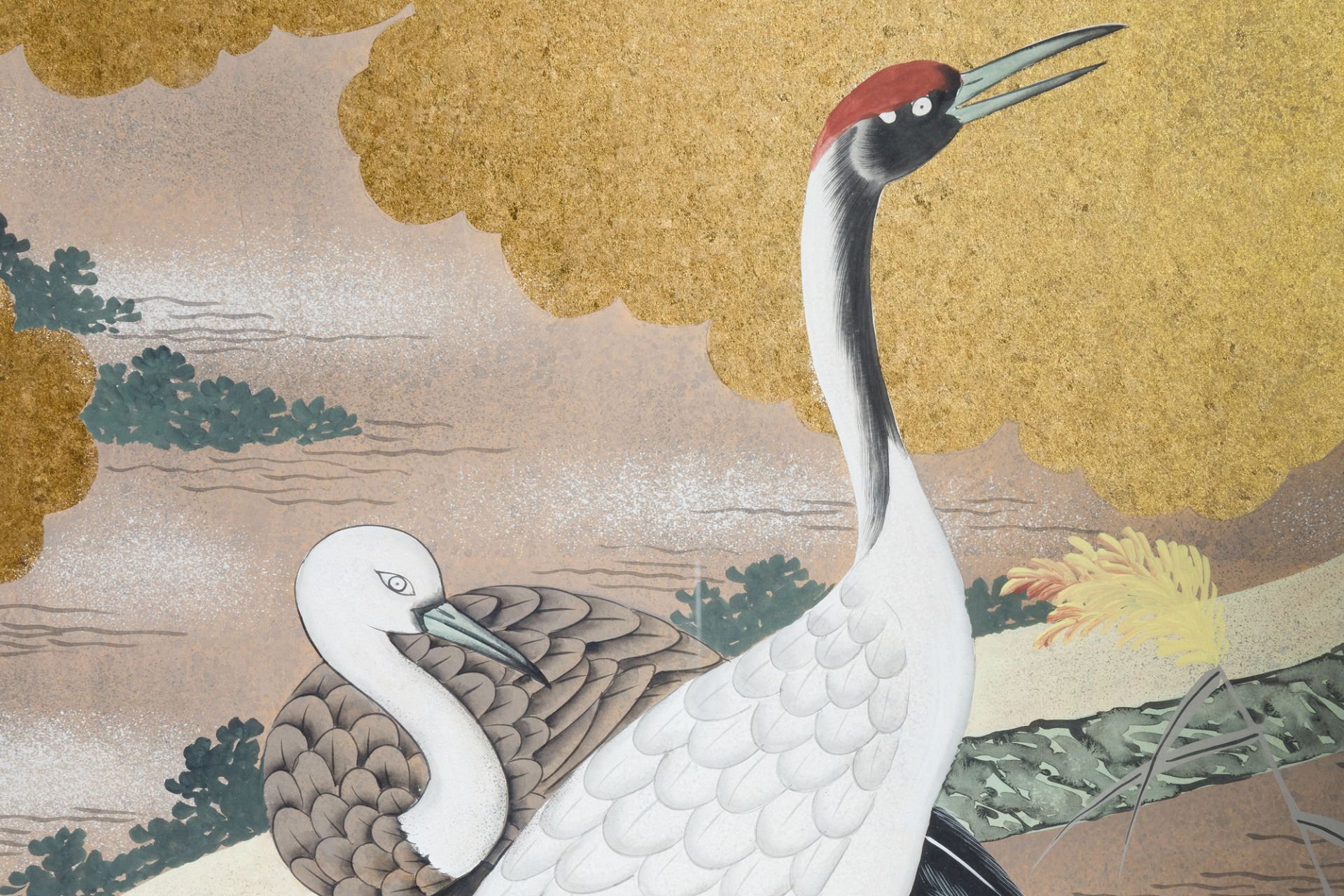 Japanese school, mixed media, 20th C.: Cranes in a landscape - Image 5 of 5