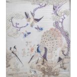 A Chinese embroidered silk panel with birds and butterflies in a wooden mother-of-pearl inlaid frame