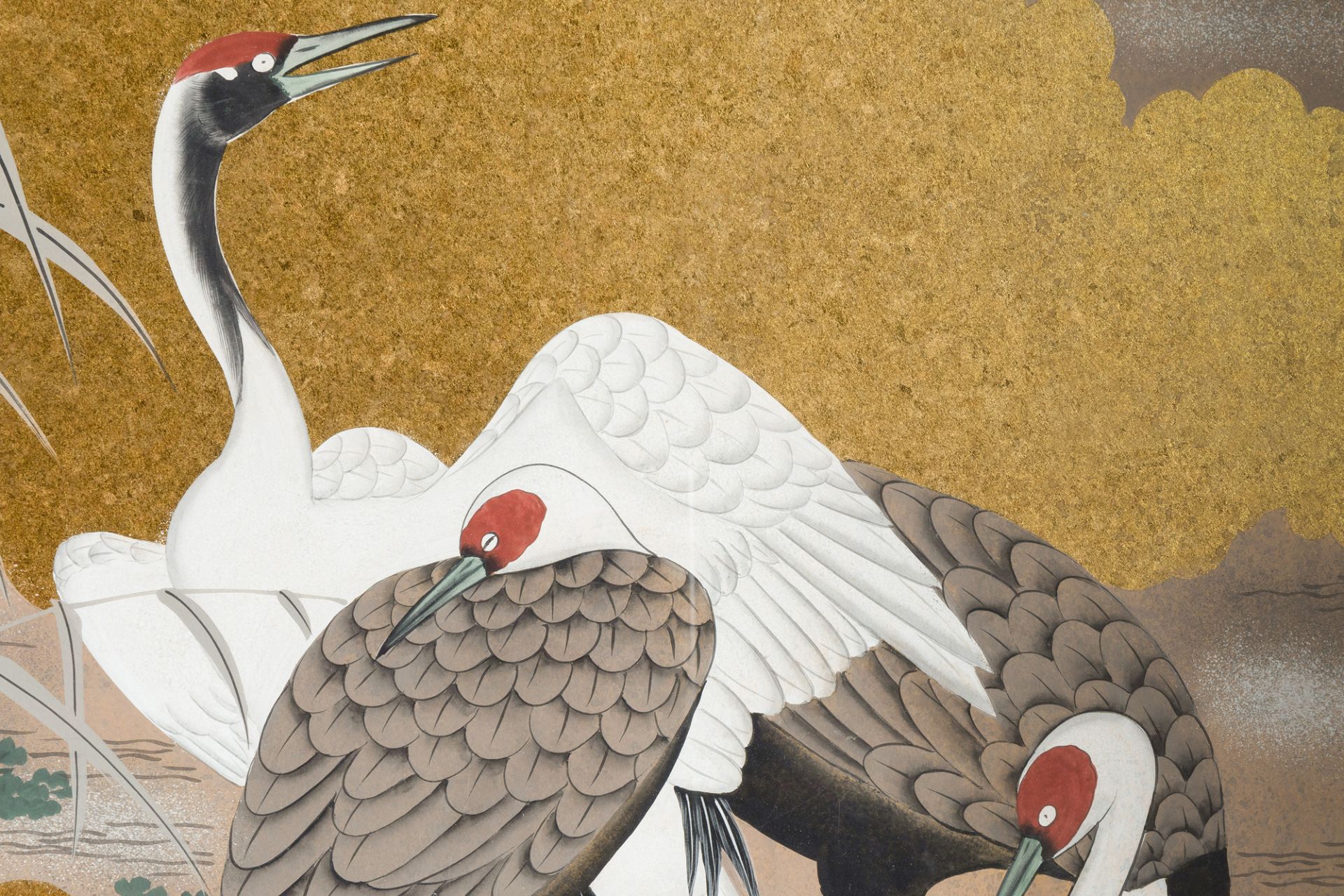 Japanese school, mixed media, 20th C.: Cranes in a landscape - Image 4 of 5