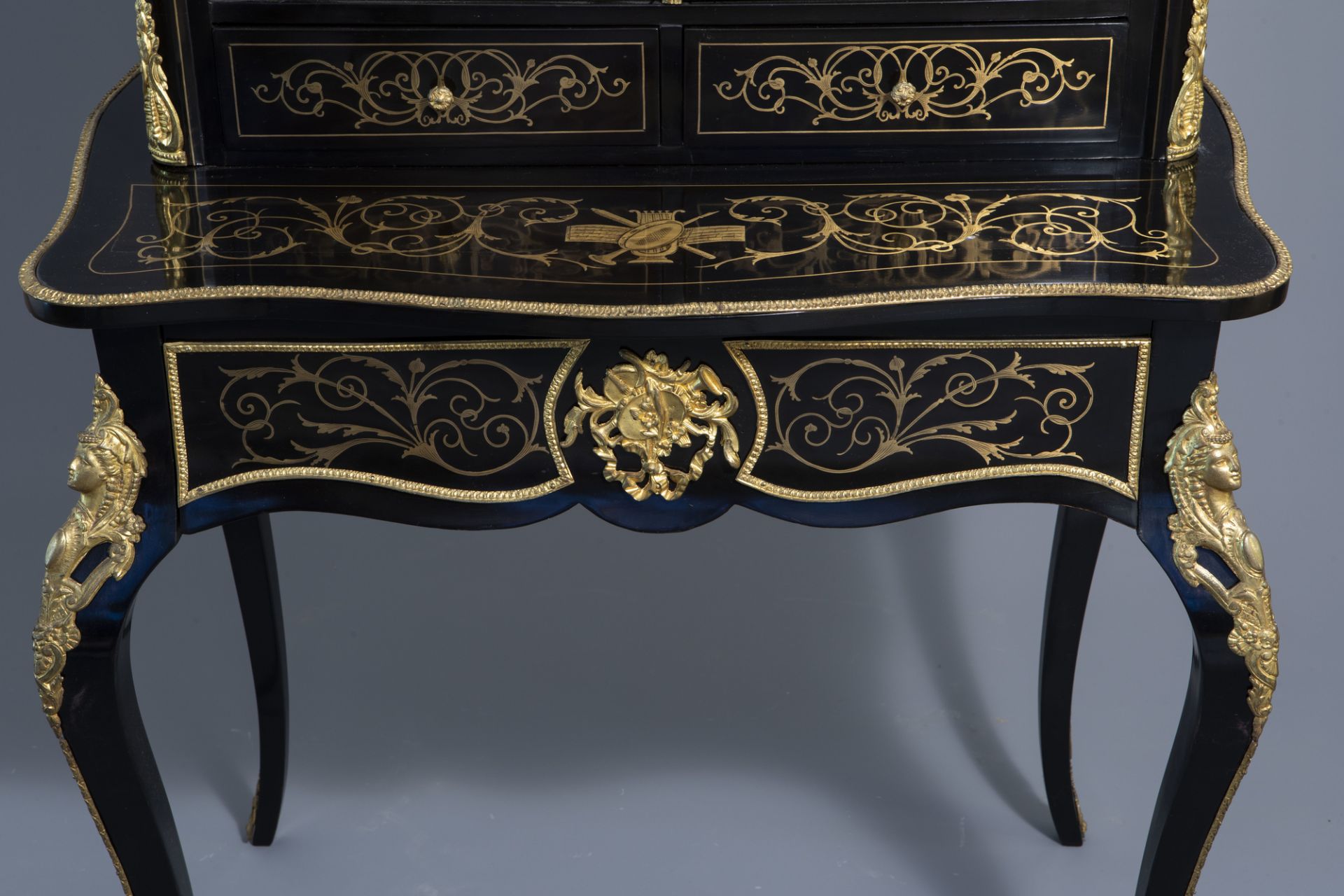 A French ebonised wooden brass inlaid and gilt bronze mounted bonheur du jour, Napoleon III, 19th/20 - Image 19 of 23