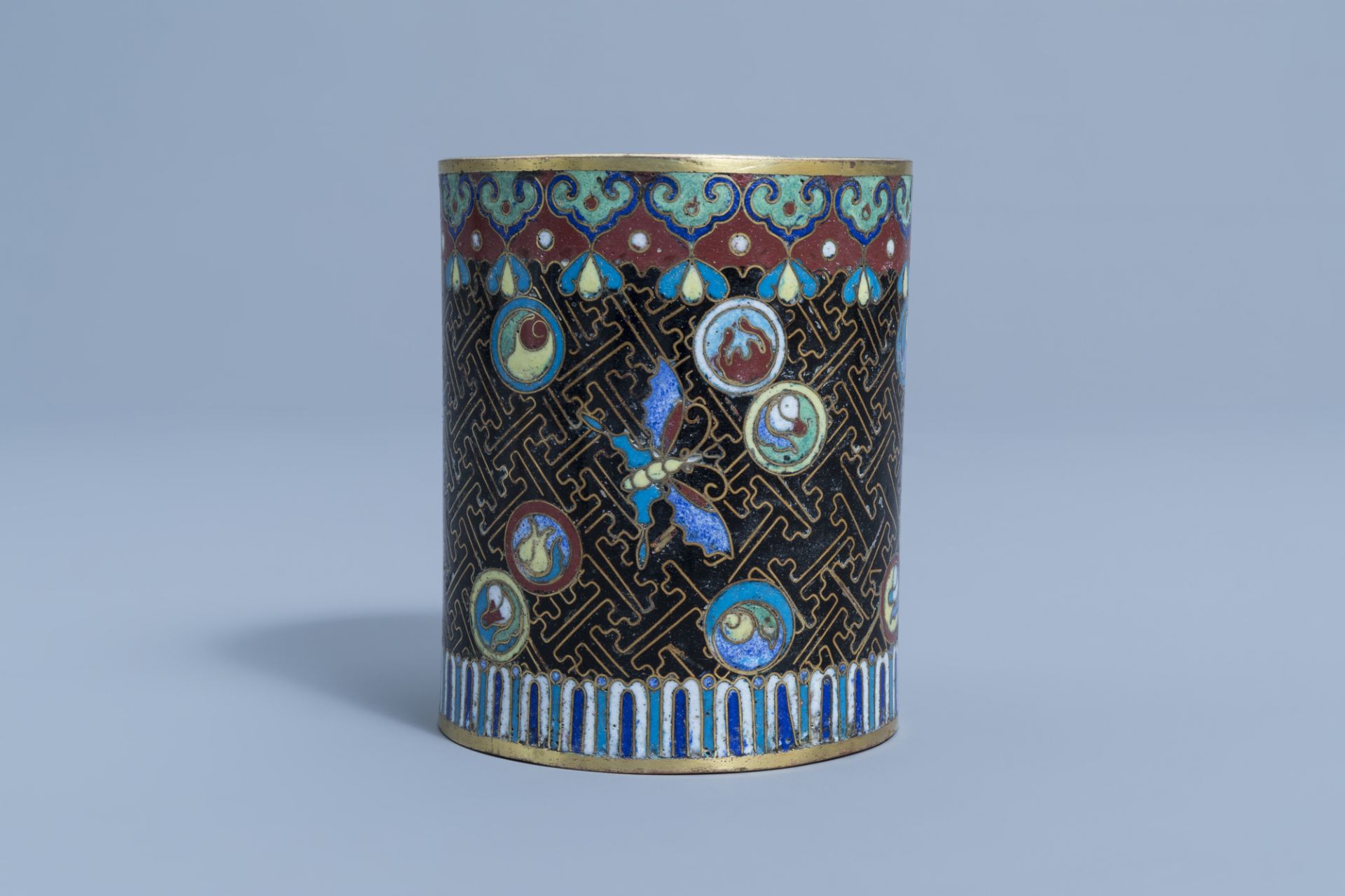 A Chinese cloisonne brush pot and a six-fold table screen with floral design, 20th C. - Image 8 of 18
