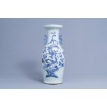 A Chinese blue and white celadon ground 'dragon and phoenix' vase, 19th C.