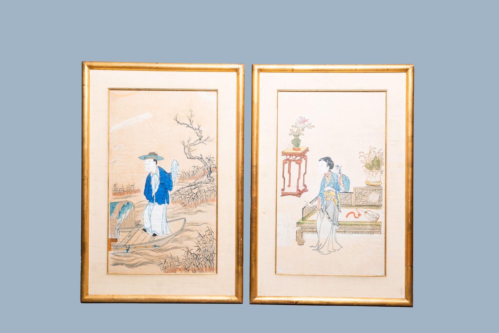 Chinese school, 20th C.: Six various paintings and heightened prints - Image 2 of 14