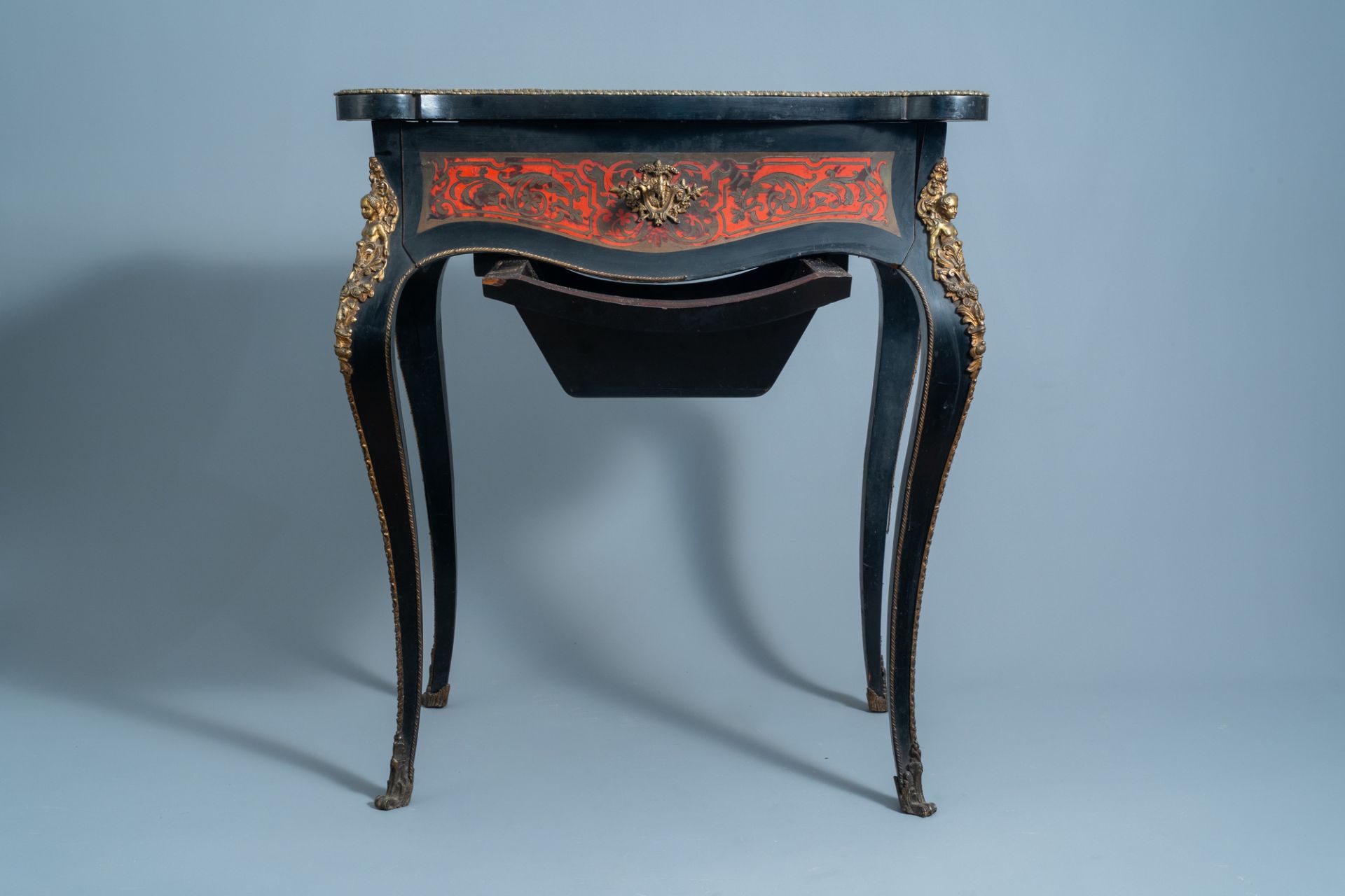 A French Historicism gilt mounted and brass marquetry sewing table, L. Grade F. - R(ue) Castex 9, 19 - Image 7 of 13