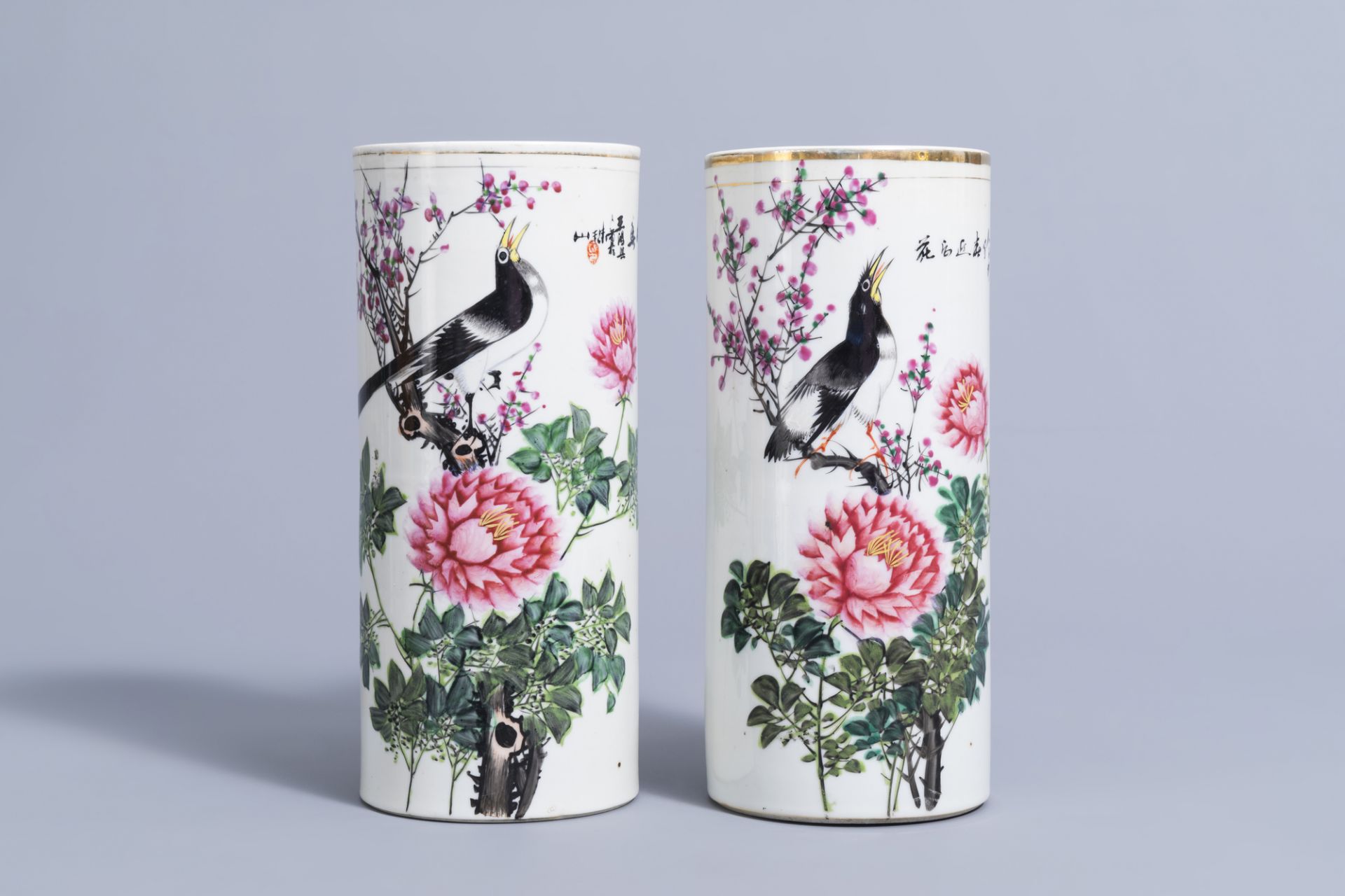 Two Chinese qianjiang cai hat stands with birds on blossoming branches, 19th/20th C.