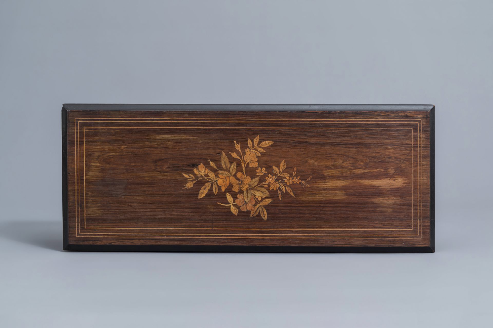 A Swiss marquetry wooden 8-air cylinder music box, 19th C. - Image 7 of 12