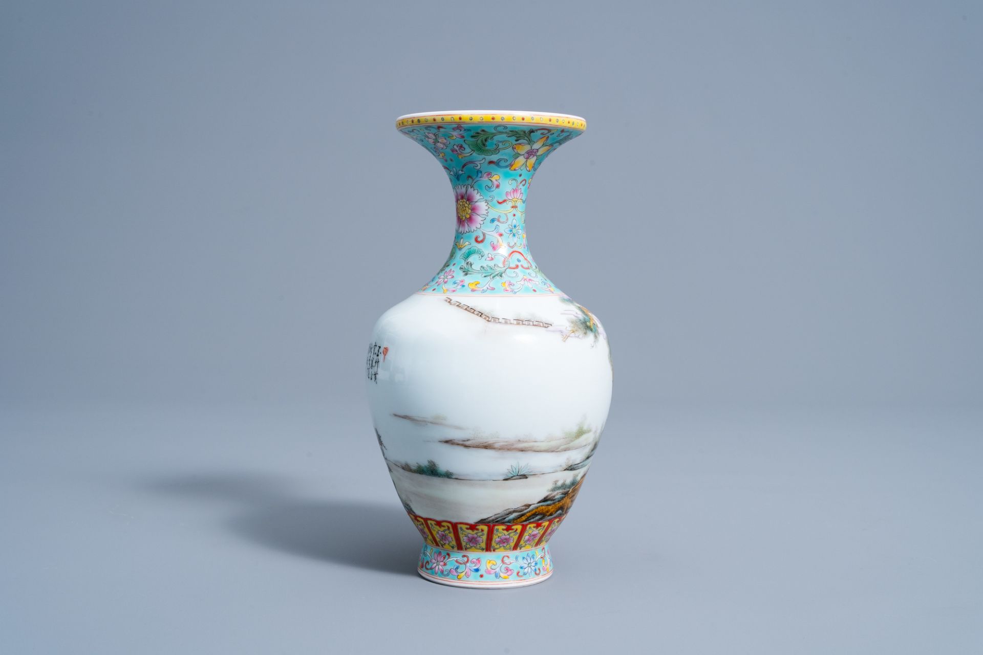 A Chinese famille rose vase with figures in a landscape, Qianlong mark, 20th C. - Image 4 of 6