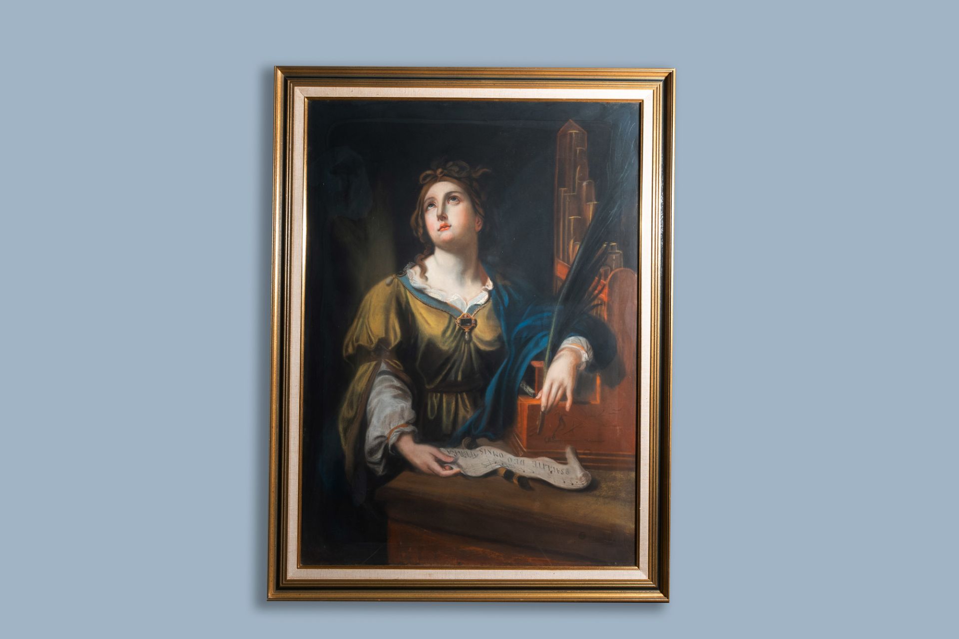 Illegibly signed, after Simon Vouet (1590-1649): Saint Cecilia, pastel on paper marouflated on canva - Image 2 of 7