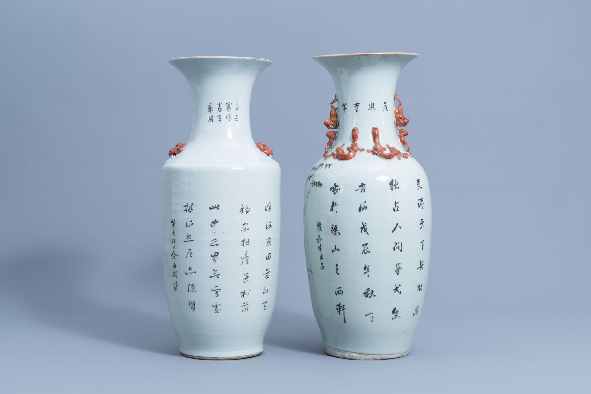 Two Chinese famille rose vases with figurative design & a bird among blossoms, 19th/20th C. - Image 3 of 6