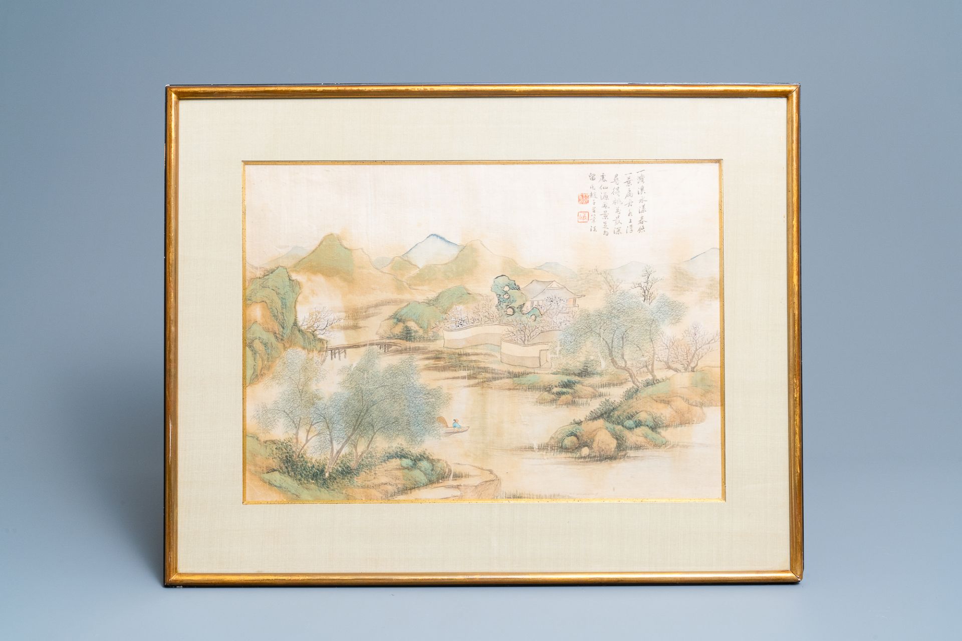 Chinese school, ink and colour on silk, 20th C.: Three landscape views - Image 4 of 10